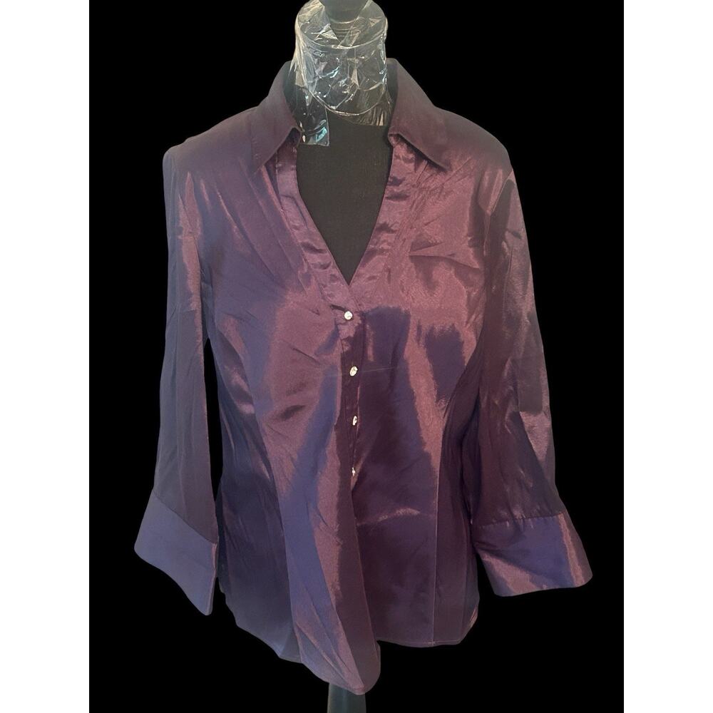 Blue Diamond Stretch Button Up Shirt Women's Large L Purple Long Sleeve‎